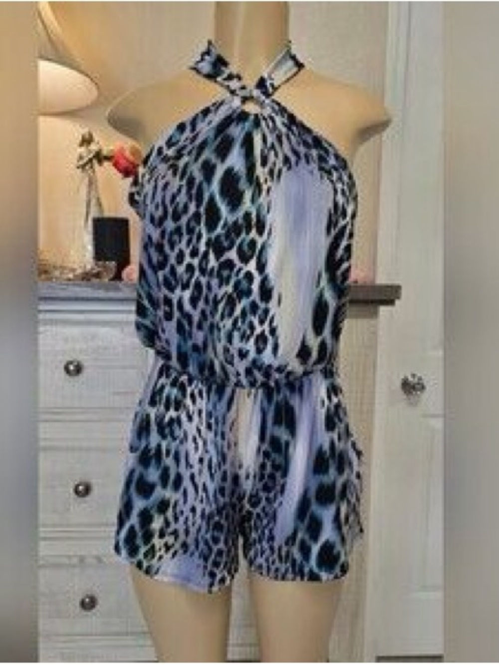 Ariella Blue and Black Leopard-Print Halter One-Piece Dress- size large